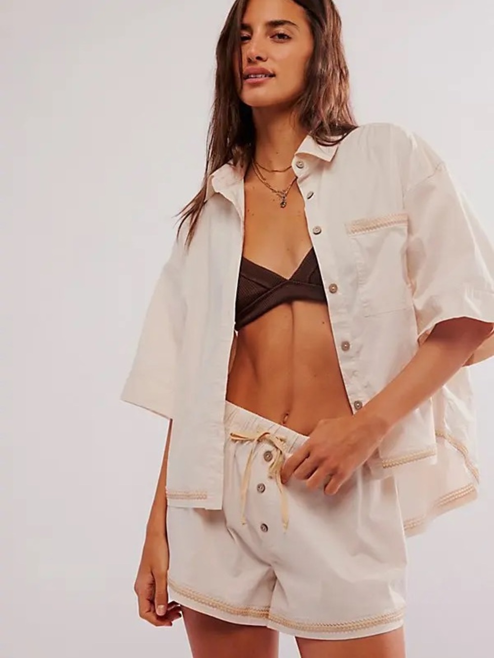 Relaxed Cream Button-Front Short-Sleeve Shirt